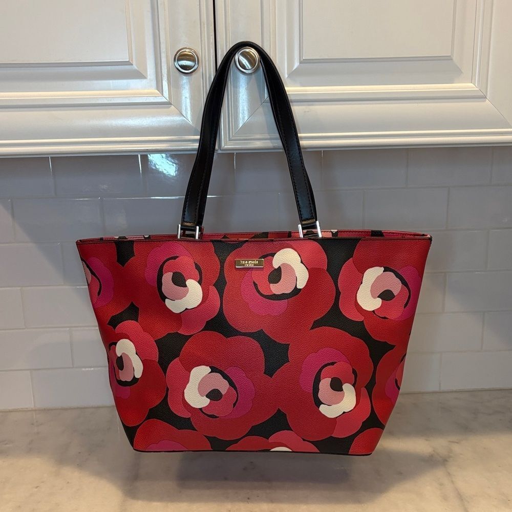 Kate Spade Bag Purse Handbag Leather Ellison Ave Sydney Floral Red XL Tote Bag